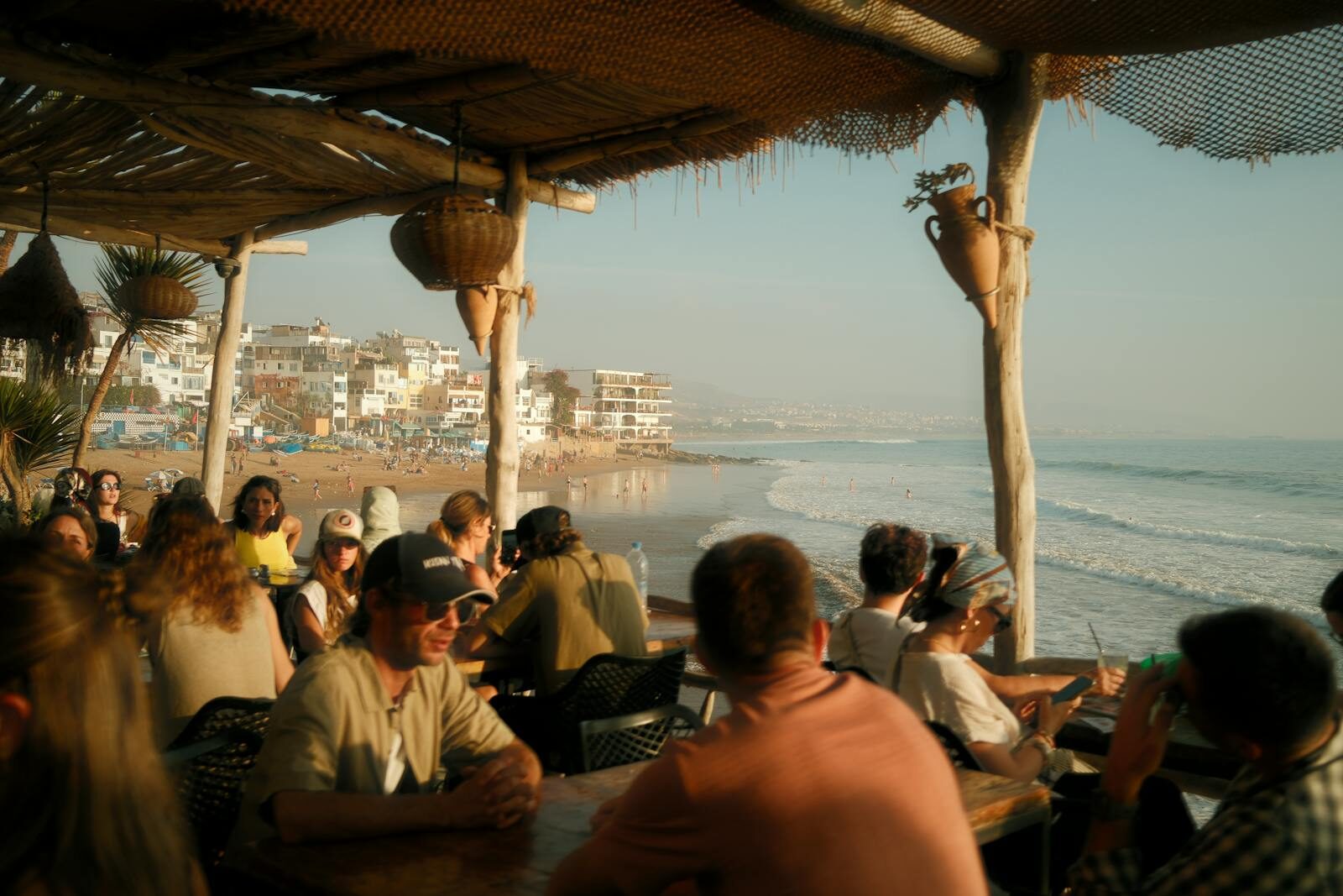 Moroccan beachfront café terrace overlooking the water in Agadir