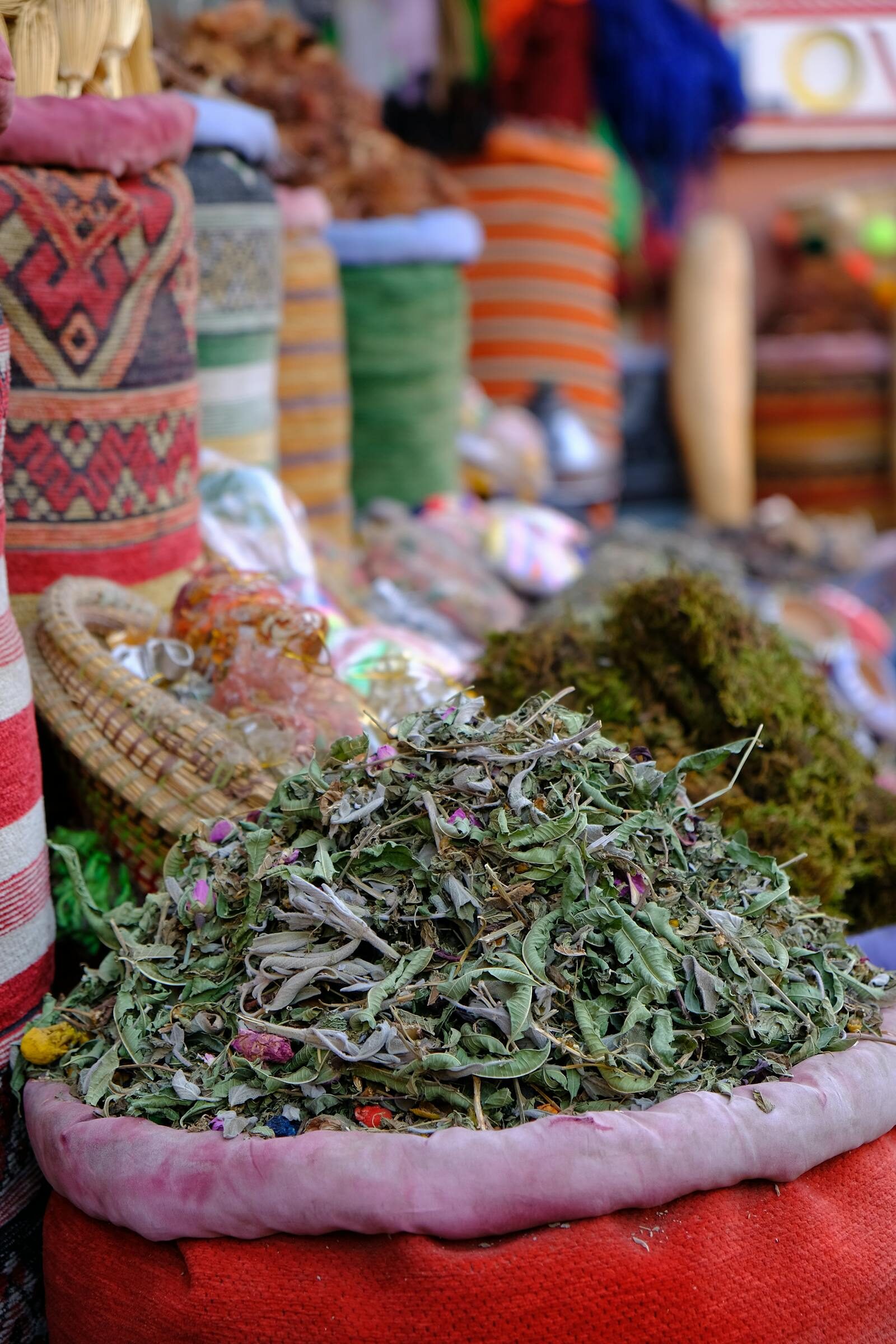 Mountains of fresh spices for sale at Souk El Had in Agadir, Morocco