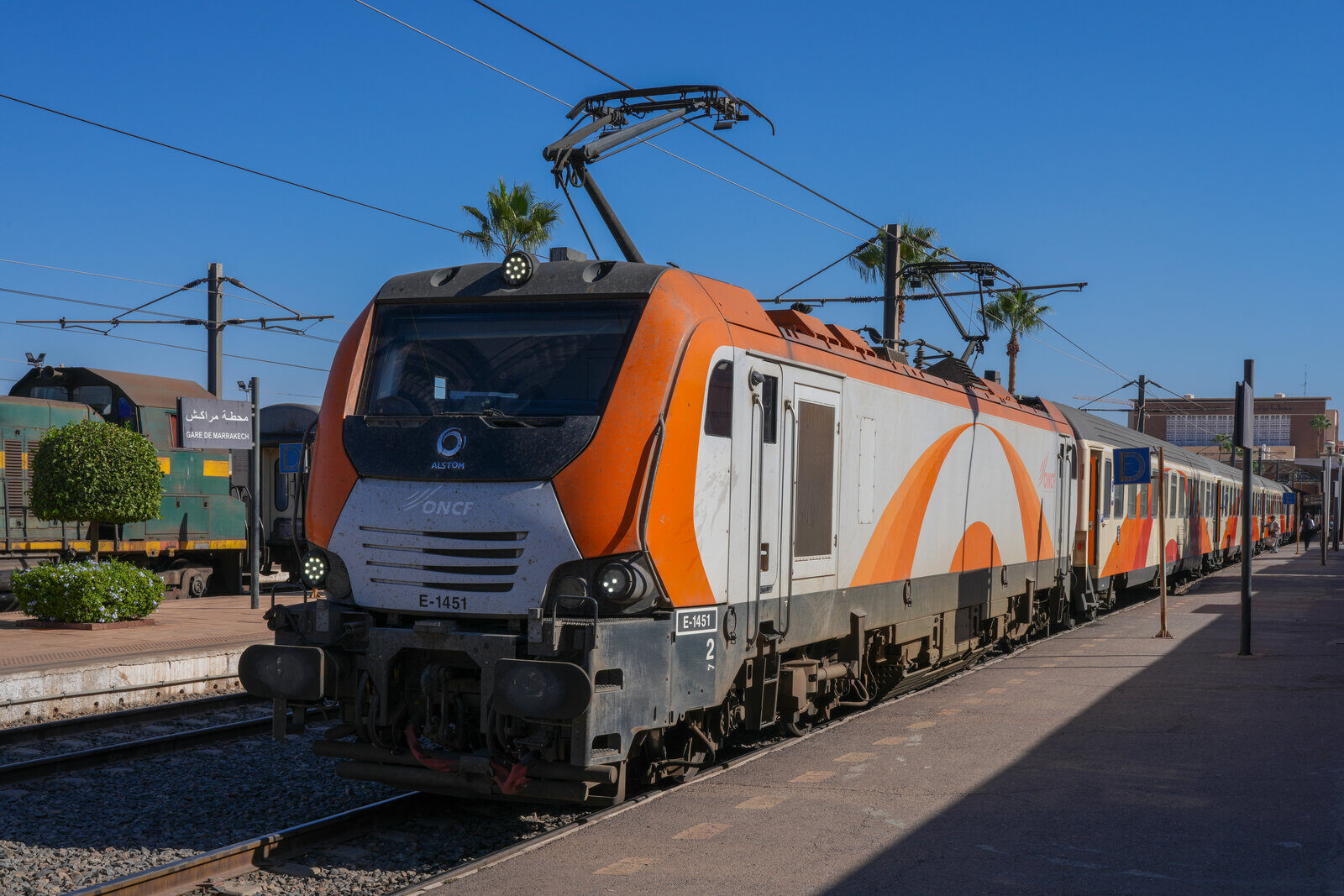 An ONCF train waiting at Marrakech railway station — the southernmost stop on Morocco’s national rail network