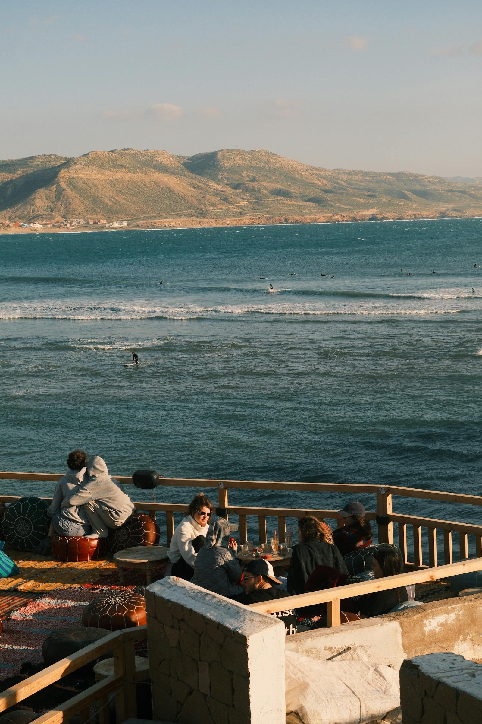 Cafe terrace overlooking the ocean in a Moroccan coastal village